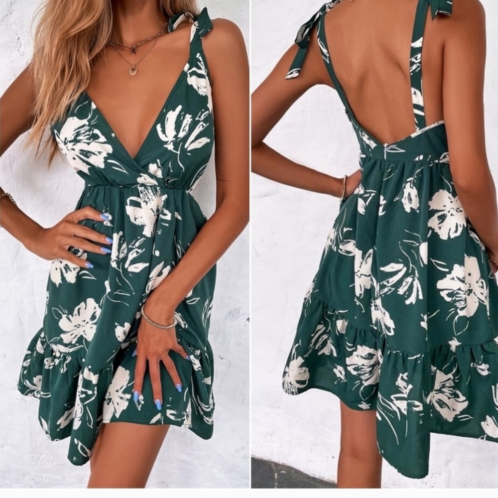 Boho Floral Print V-neck Cami Backless Green & Cream Dress Size Small